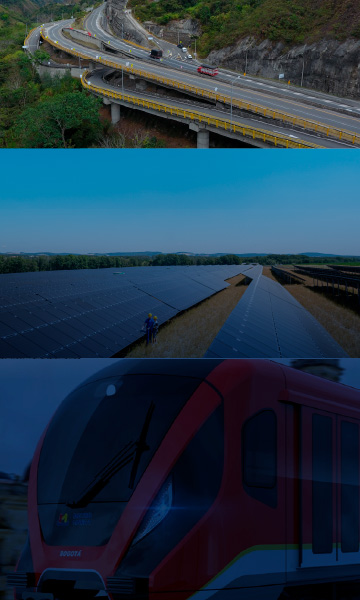 Collage de infraestructuras modernas: planta industrial, carreteras y tren.